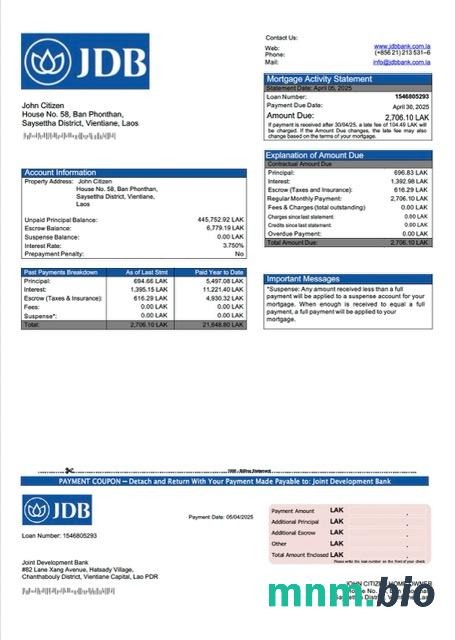 Laos Bank Wspólnego Rozwoju wyciąg z kredytu hipotecznego szablon Word i PDF